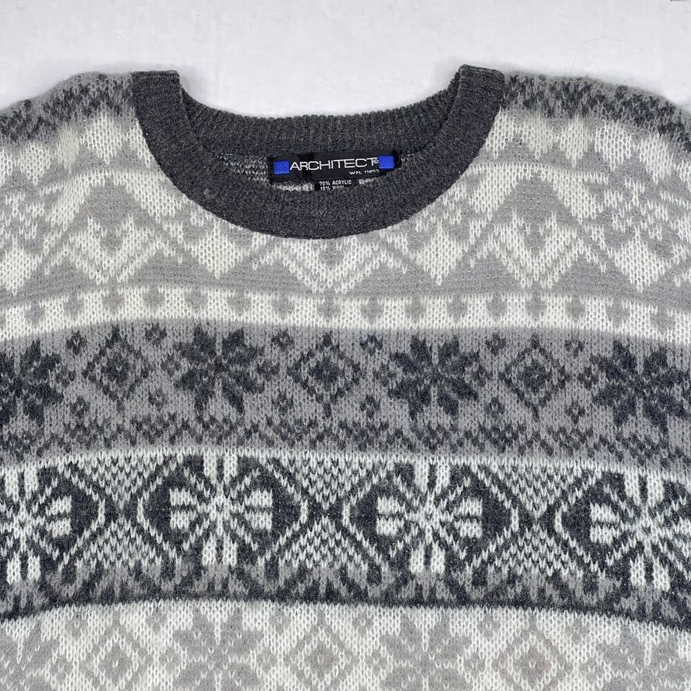 ‘90s Vintage Fair Isle Nordic Wool Blend Sweater Gray White Size XL - NWOT - Picture 3 of 7